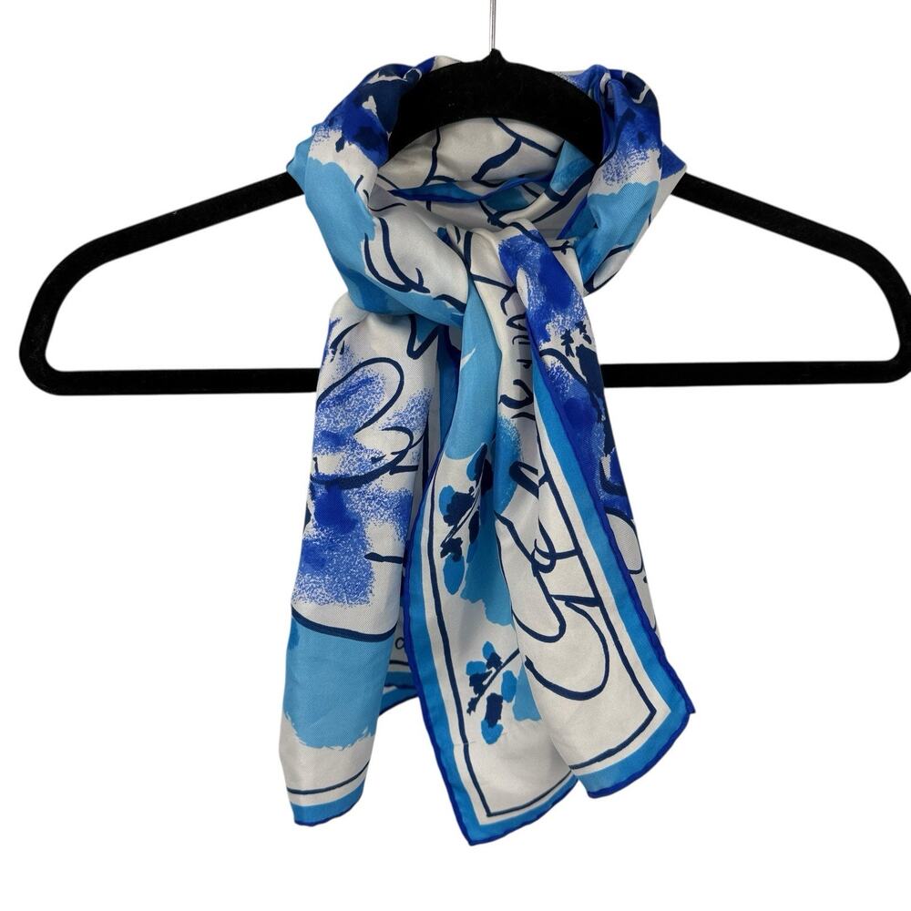 Vera Neumann Vintage Rolled Edge Silk Scarf 44”x13" Blue Floral Vibrant 70's
